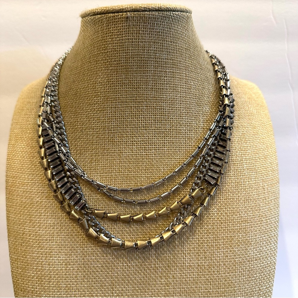 Stella & Dot multistrand chains necklace, gold & silver tone w/ clear crystals